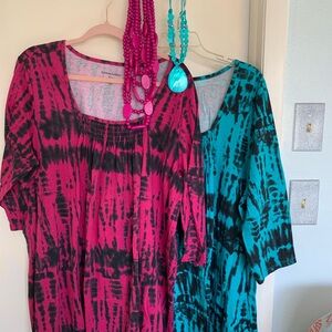Woman Within Plus size Tie-Dye Tunics - Pink and Teal with jewelry